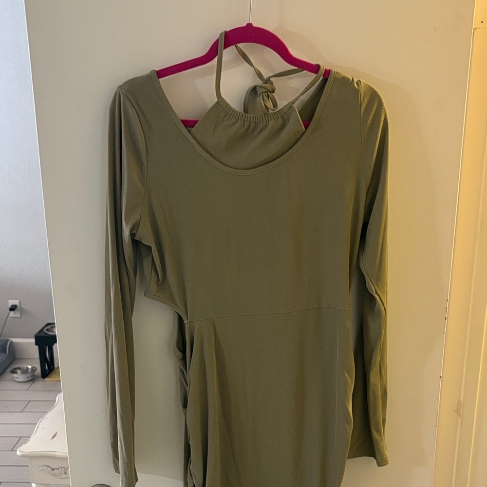 Elegant Olive Long Sleeve cutout  dress